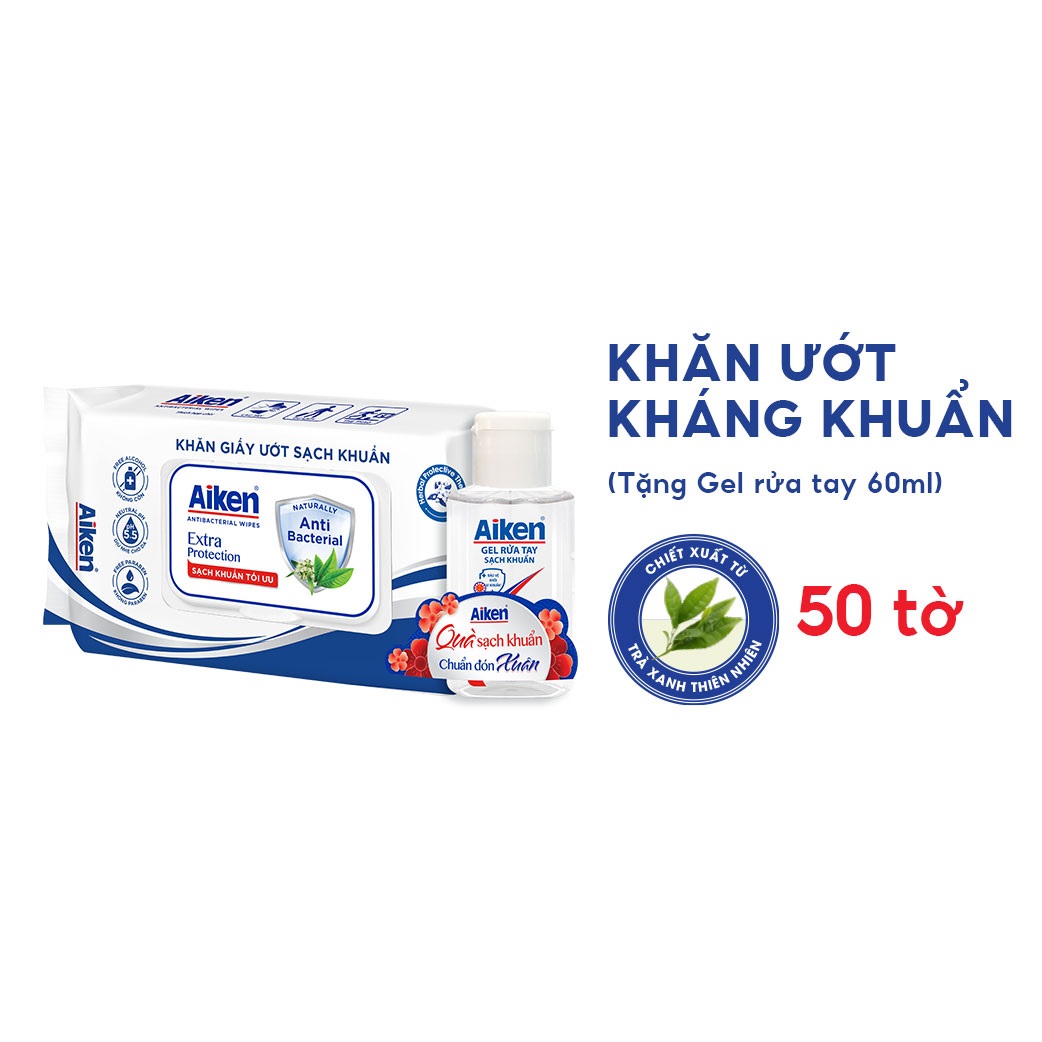 Khăn Ướt Sạch Khuẩn Aiken Chiết Xuất Trà Xanh 50 tờ - Tặng Gel rửa tay 60ml