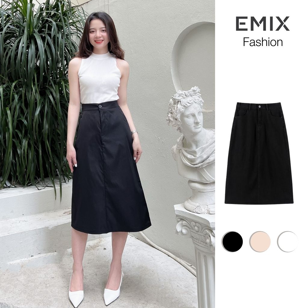 Chân váy kaki dáng dài vintage EMIX (3 màu), basic dress, cạp cao, khóa giữa, chất kaki mềm nhẹ CV180