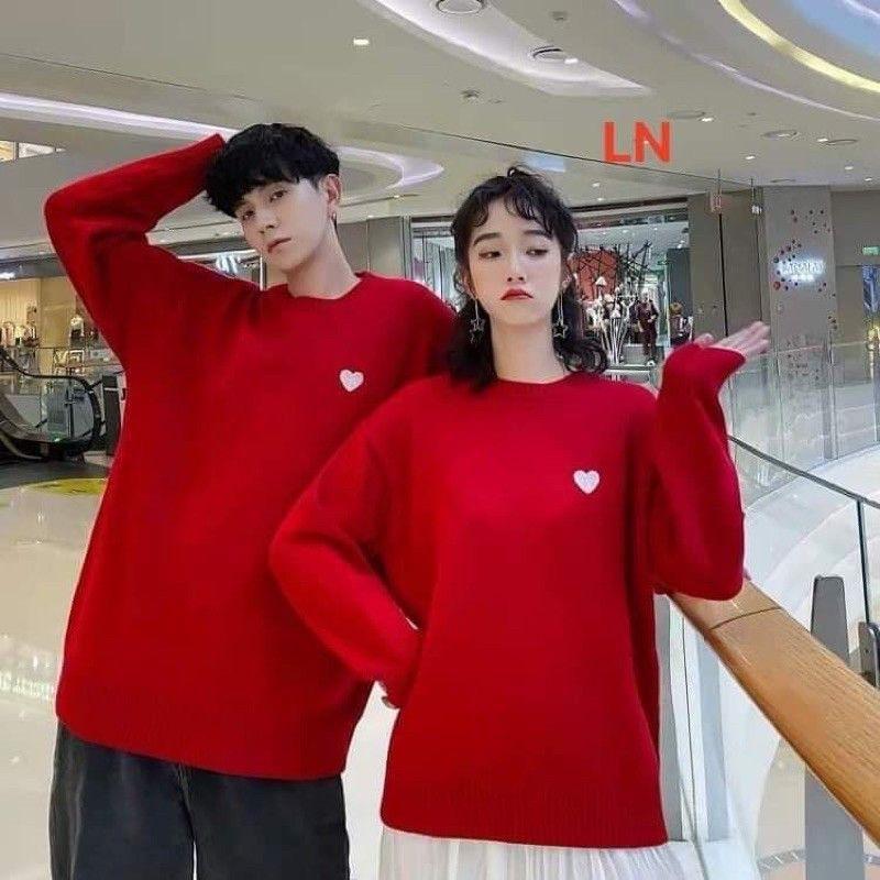 Áo đôi thu đông nam nữ diện tết 2021 vải nỉ đẹp, áo sweater màu đỏ