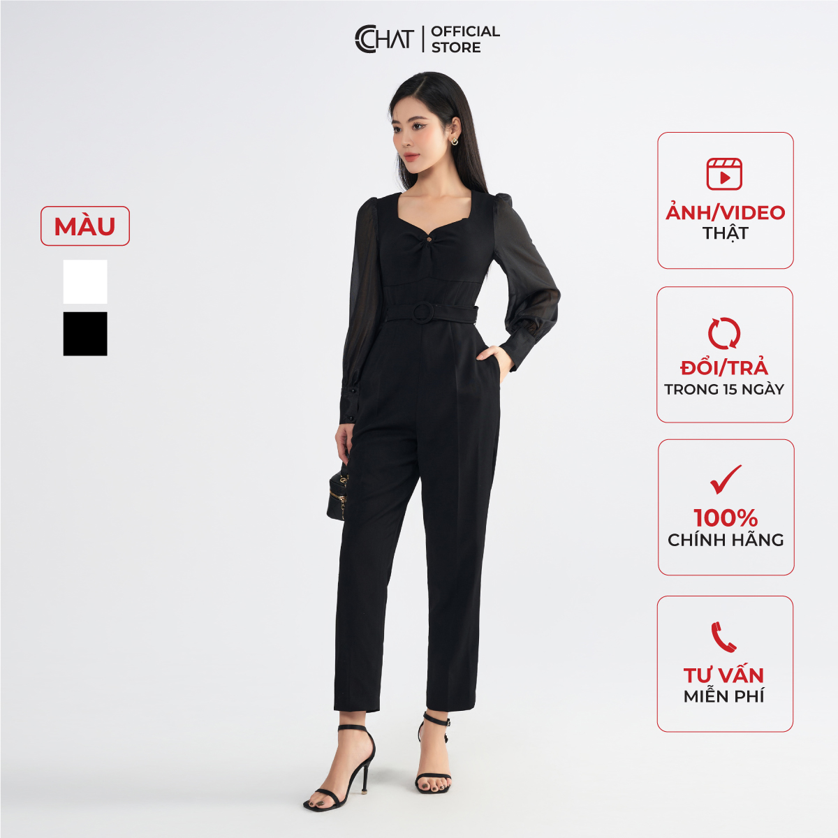 Jumpsuit Nữ  Cổ Nữ Hoàng Phối Tay Chất Tuytsi Cao Cấp Mềm Mịn 22JDS8007BT