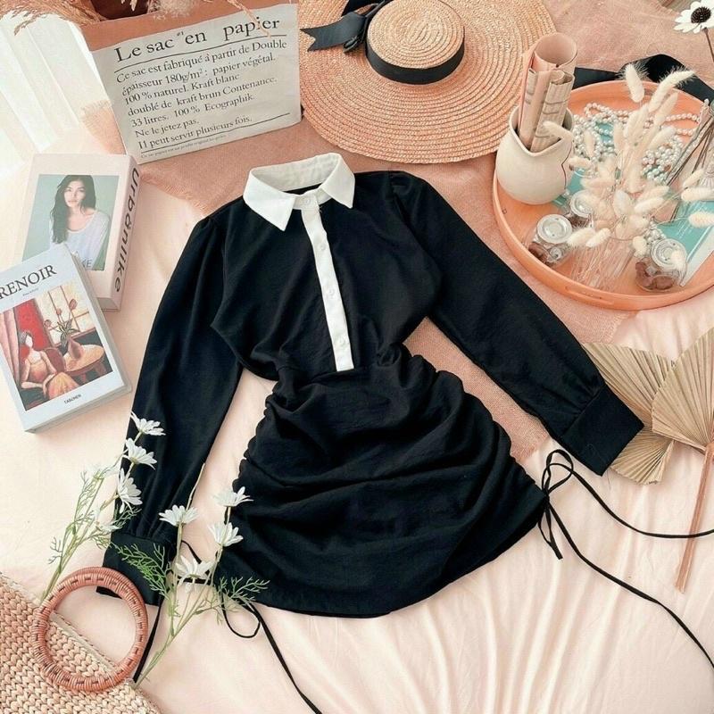 Đầm đen body cổ trắng rút hai bên