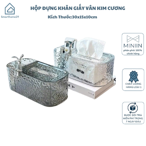 Hộp Đựng Khăn Giấy Vân Kim Cương Trong Suốt Tích Hợp Khay Đựng Đồ Đa Năng Charm Thỏ Sang Trọng - HÀNG CHÍNH HÃNG MINIIN