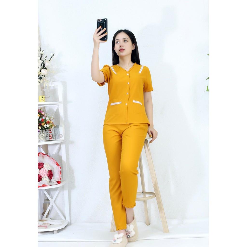 Bộ đồ bộ màu VÀNG PHA REN tay ngắn quần dài vải siêu lụa - Thoải Mái Nhẹ Nhàng