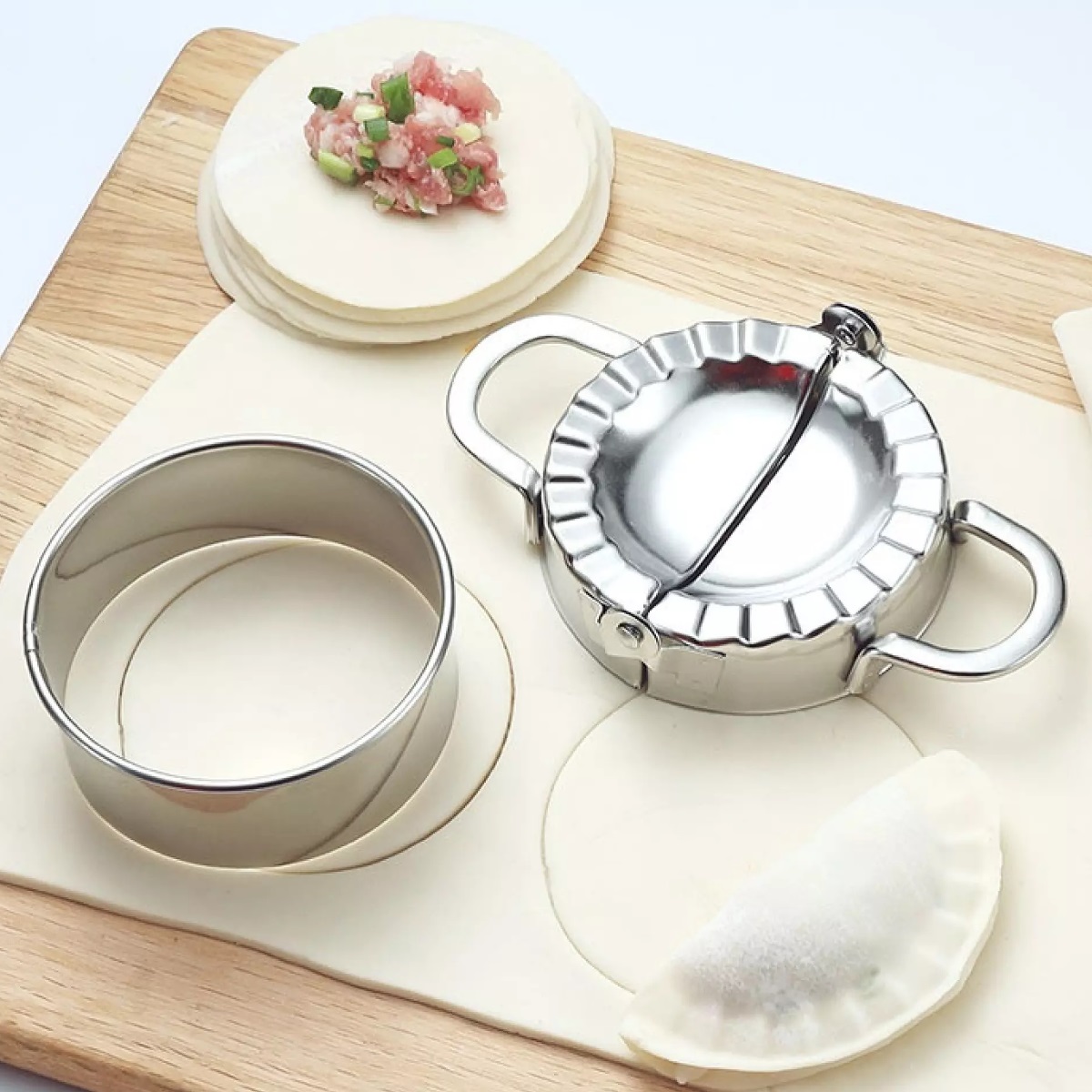 Khuôn Bánh Xếp, Sủi Cảo, Há cảo- Inox Cao Cấp. Tặng kèm khuôn nhấn tròn dùng cắt bột làm bánh