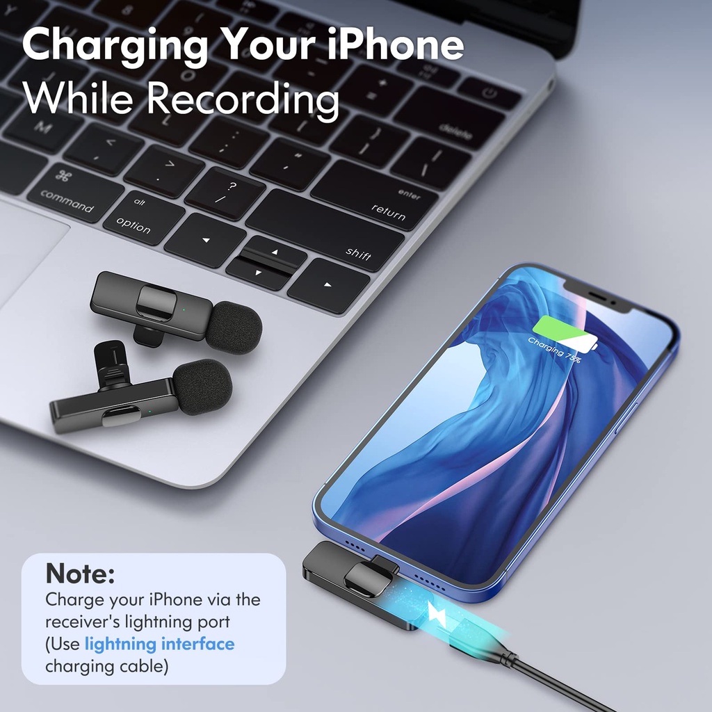 Bộ Micro Thu Âm Cài Áo Không Dây (2 Mic) Cho Điện Thoại Iphone IOS Cổng Lightning Máy Tính, Máy Ảnh Chống Ồn Dùng Quay Tiktok, Livestream, Ghi Âm, Quay Video  Thu Âm To, Tiếng Trong Veo Thích Hợp Cho 1 Hoặc 2 Người Ở Khoảng Cách Xa – Hàng Nhập Khẩu