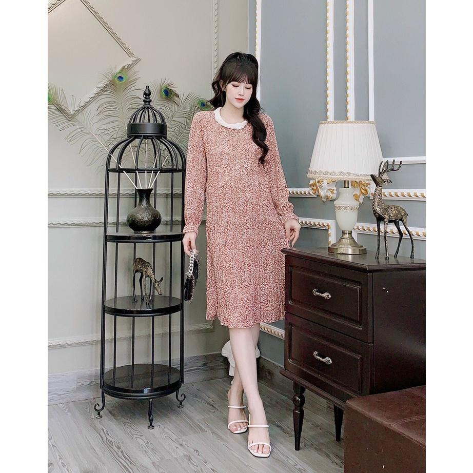 Váy bầu thu đông, đầm bầu dài tay thiết kế công sở Cao cấp, xếp ly dáng suông