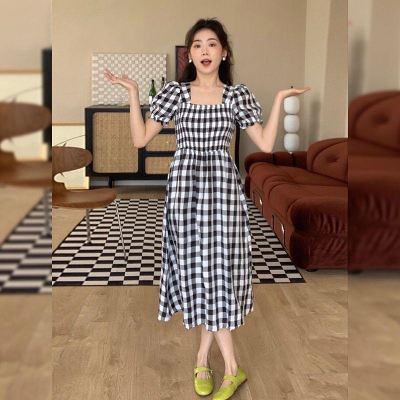 TOBE1SHOP Thanh lịch Port Wind Vintage kẻ sọc ăn vuông cổ thắt lưng sọc đi lại khí chất ngọt ngào bong bóng tay áo váy