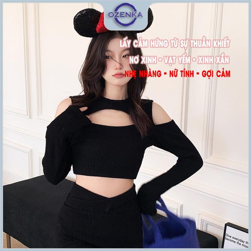 Set áo croptop trễ vai chân váy ngắn ôm Ozenka , ao crt tay dài kèm chân váy ôm body vải gân cotton dày đẹp đen trắng