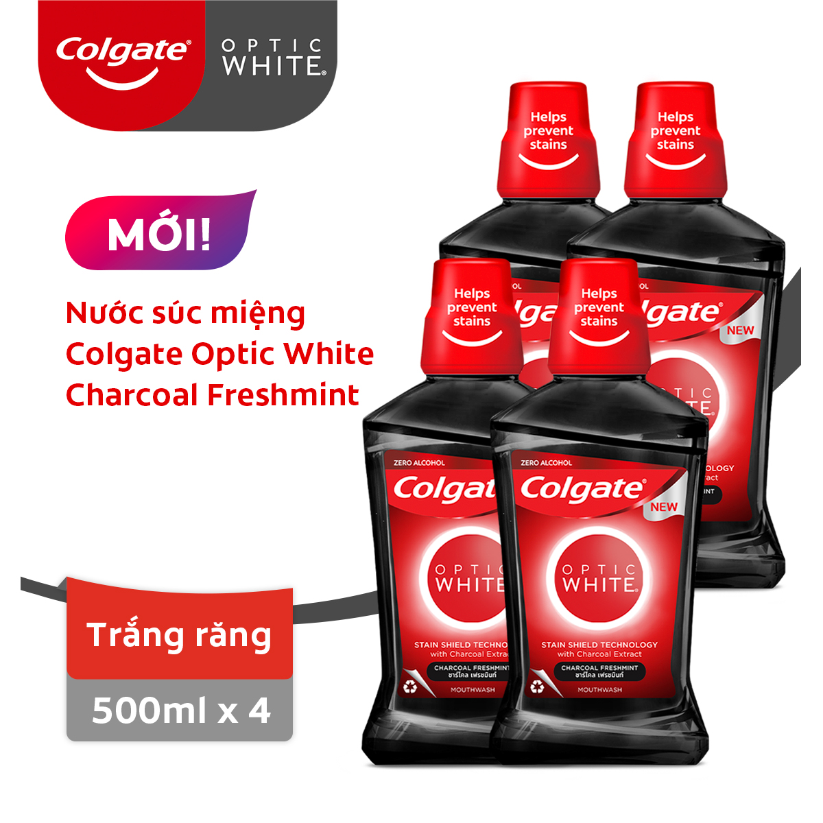 Bộ 4 Nước súc miệng Colgate trắng răng Optic White Charcoal Freshmint 500ml/chai