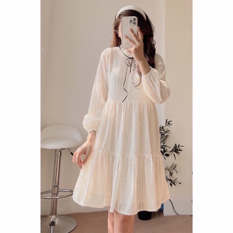 Váy babydoll voan hạt bông nơ Đầm xòe tay bồng đính hạt