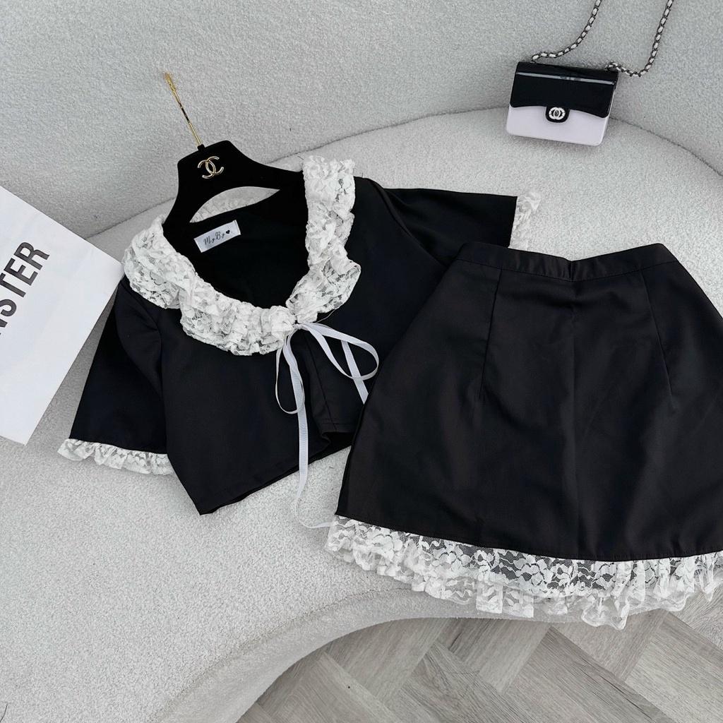 Set crop đen áo phối cổ voan nơ kèm chân váy viền ren dịu dàng cá tính tiểu thư sang chảnh