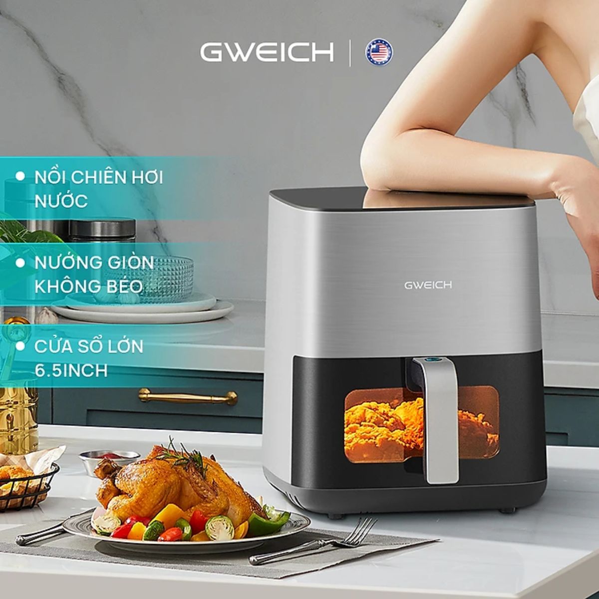 Nồi chiên không dầu GWEICH 5.5L GWA-55E02 dung tích 5.5L công suất 1450W công nghệ nướng kiểu Mỹ - Hàng chính hãng