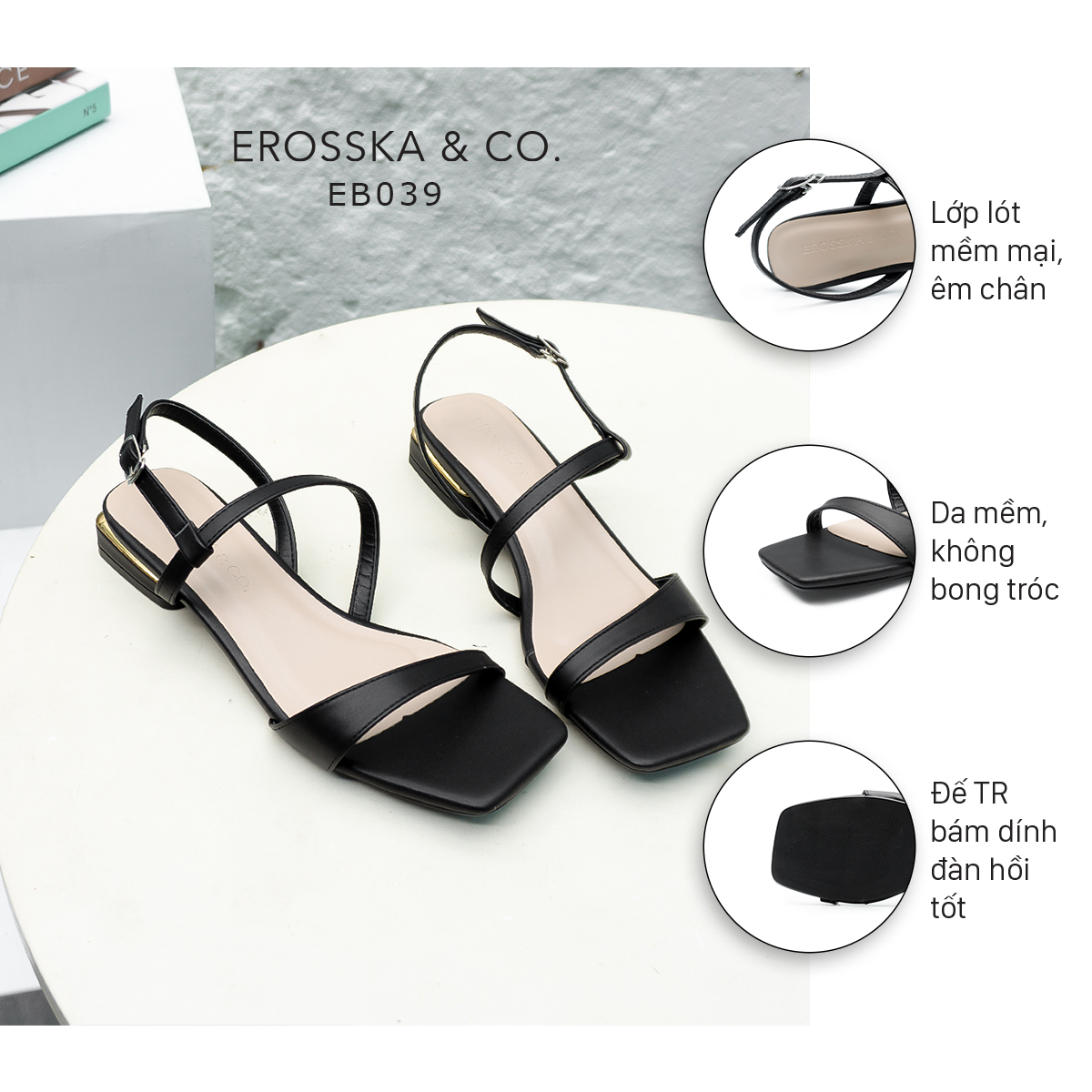 Giày sandal cao gót nữ xỏ ngón dây mảnh Erosska cao 2,5cm EB039