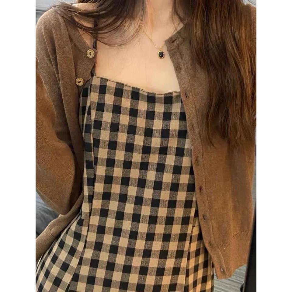 SET VÁY KẺ 2S MIX ÁO CADIGAN