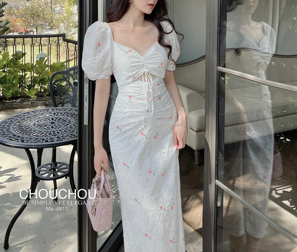 ĐẦN DÀI SUÔNG ÔM BODY CỔ U TRƠN HOA FLORAL DÂY RÚT TAY NGẮN BỒNG MIDI DẠO PHỐ ĐI BIỂN ĐI TIỆC