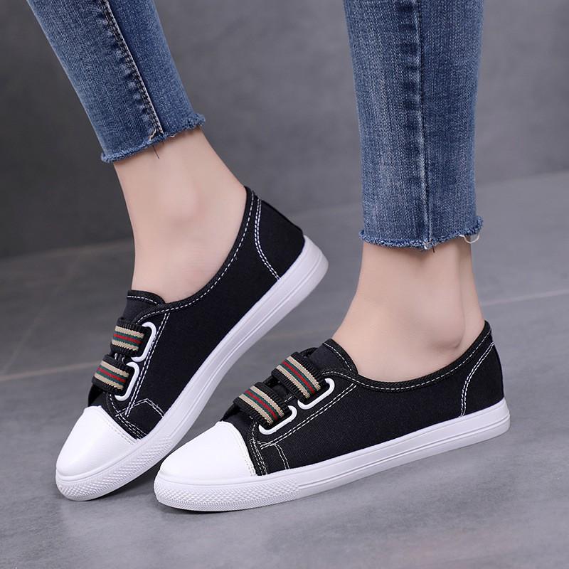 Giày lười nữ vải trắng, đen quai chun êm nhẹ| Giày slip on nữ