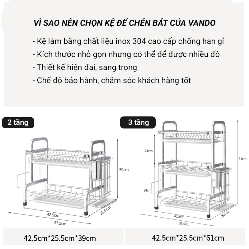 Kệ Để Chén Bát Đĩa INOX 304 kèm khay ráo nước cao cấp VANDO, giá úp bát khô ráo trên bàn bếp