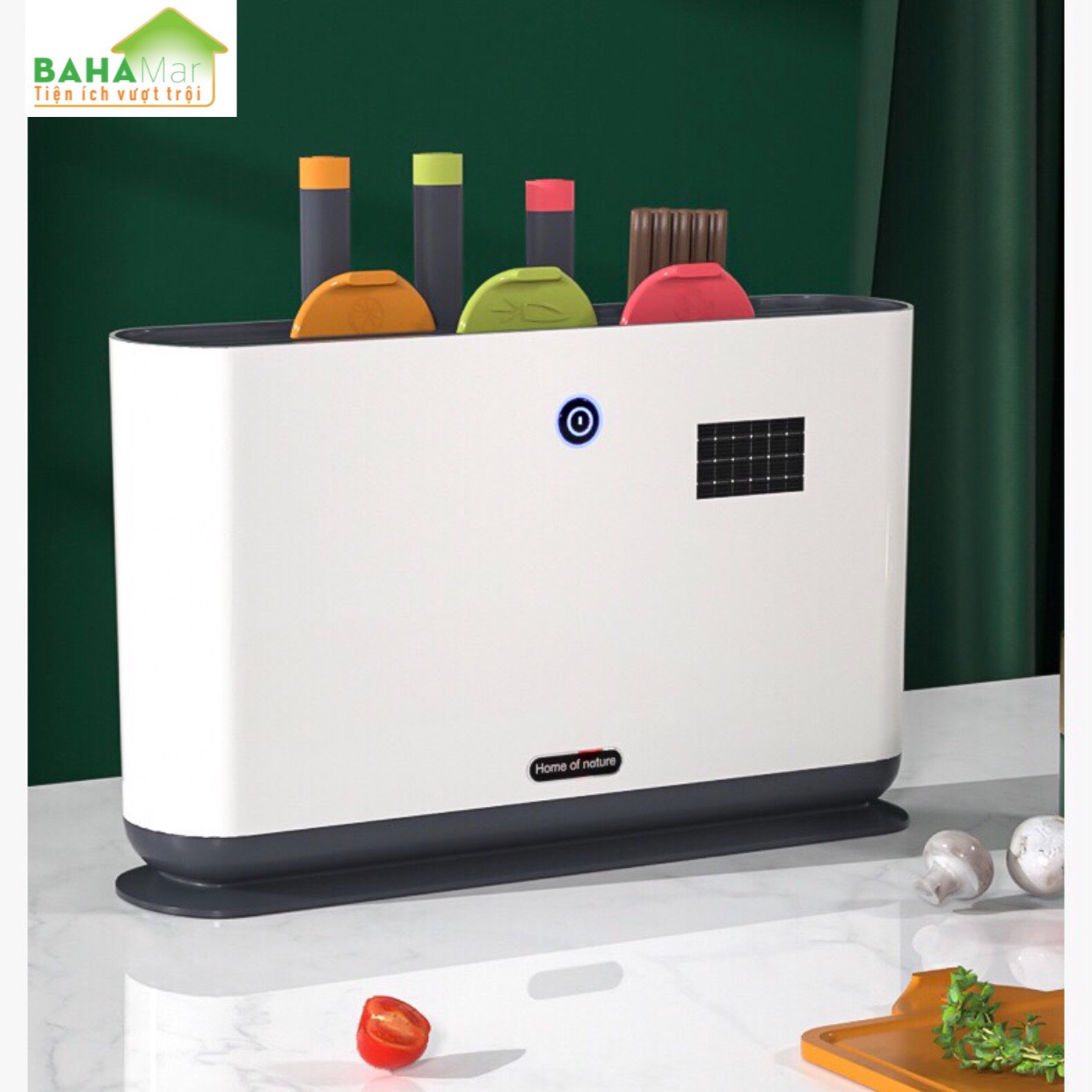 MÁY LÀM KHÔ TIỆT TRÙNG DAO THỚT BẰNG ÁNH SÁNG XANH UV CÓ SẠC NĂNG LƯỢNG MẶT TRỜI "BAHAMAR" Có sạc năng lượng ánh sáng, có hệ thống khử trùng bằng ánh sáng xanh, làm khô bằng không khí