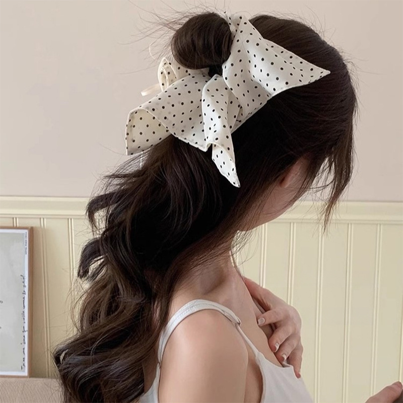 Chun cột tóc nữ họa tiết chấm bi nơ, dây cột tóc đính nơ xinh, kiểu dáng hình học độc đáo