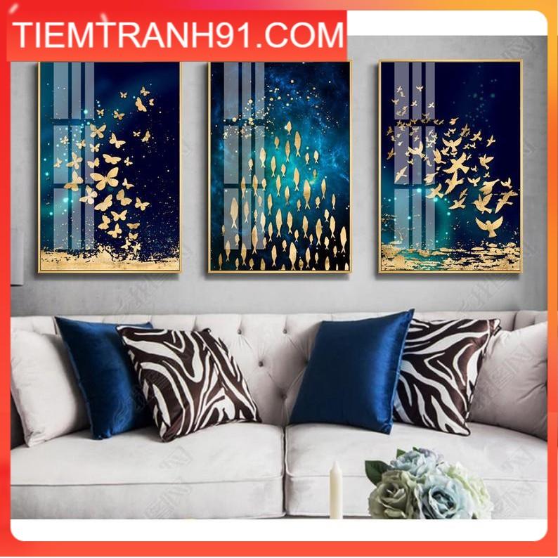 Tranh treo tường | Tranh bộ 3 bức trừu tượng Gold foil butterfly fish bird wall art printable