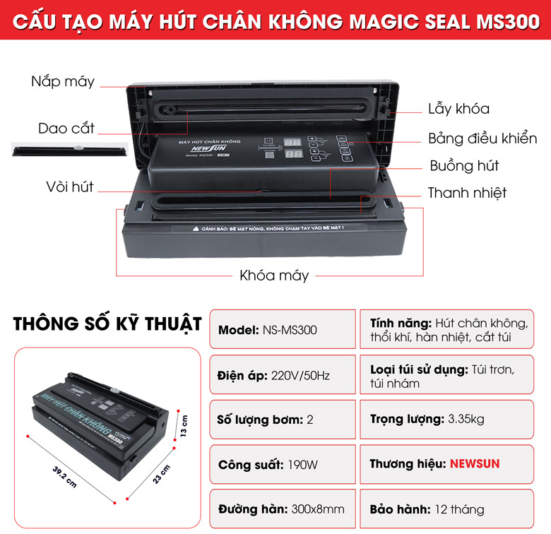 Máy hút chân không mini NEWSUN MS300 thổi khí hàn miệng túi cắt tui đa năng - Hàng chính hãng