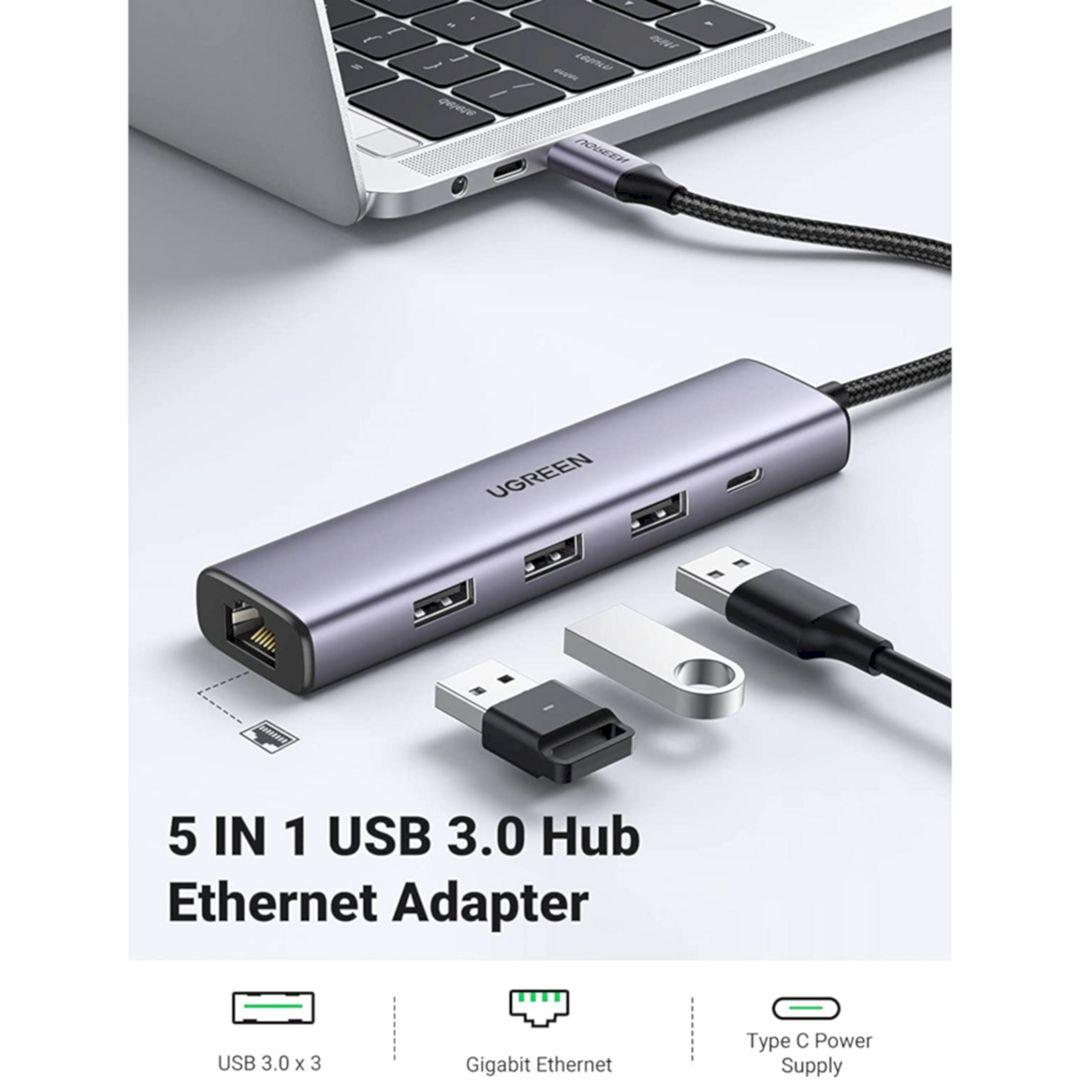 Ugreen UG60554CM475TK 3*USB 3.0 + RJ45 Gigiatbit 20CM Màu Xám Bộ chuyển USB 3.0 5 in 1 sang 3 cổng USB + RJ45 Giagabit + sạc 5v USB-C - HÀNG CHÍNH HÃNG