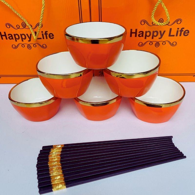 Bộ Bát HAPPY LIFE Chén ăn cơm sứ viền vàng cao cấp tặng kèm 6 đôi đũa