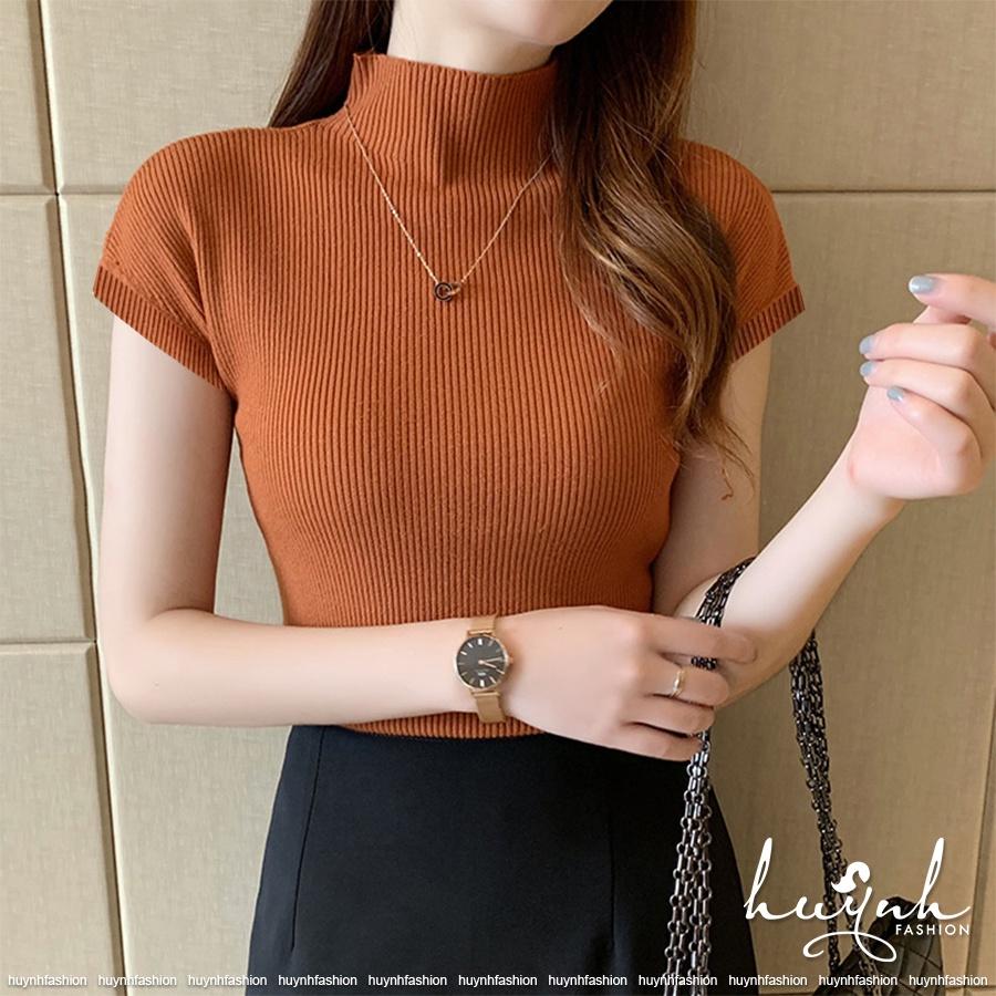 Áo len tăm cổ lọ tay ngắn siêu mềm co giãn freesize - LEN02
