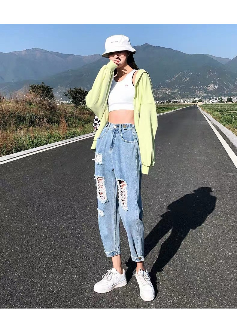 Quần baggy nữ BIG SIZE lưng cao, rách bụi, lai kiểu 3466 dành cho người béo