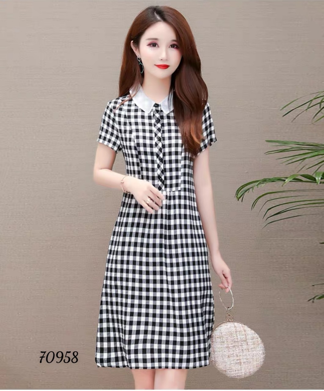 Đầm xòe sọc caro phối cổ trắng xinh xắn thanh lịch đủ size từ 38-71kg