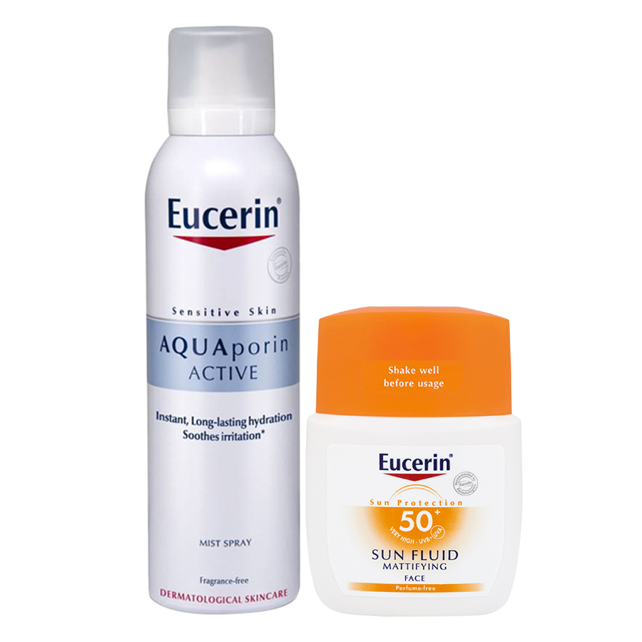 Bộ Kem Chống Nắng Eucerin Sun Fluid SPF 50+ (50ml) Và Xịt Khoáng Chống Lão Hóa Eucerin Aquaporin Active (150ml)