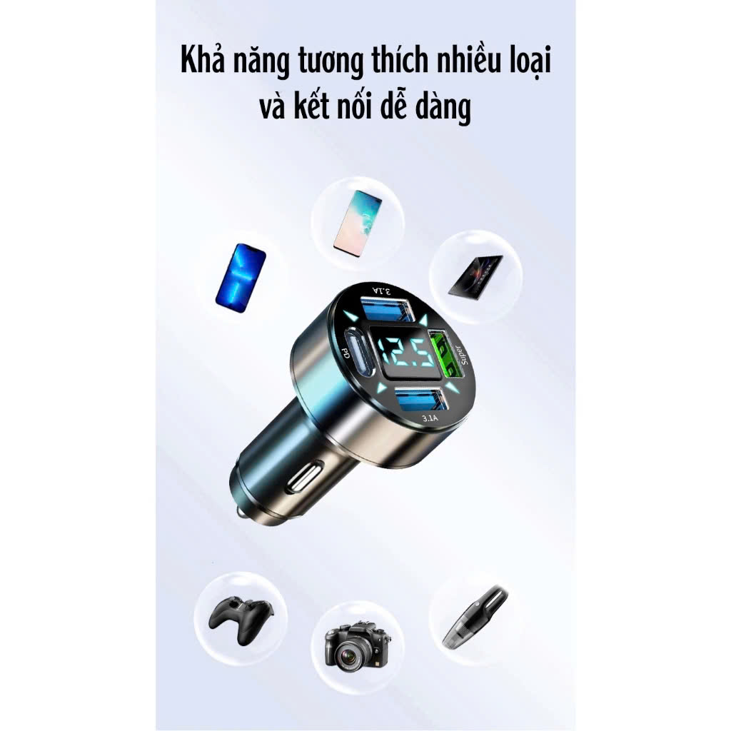 Tẩu Sạc Xe Ô Tô 4 Cổng USB TYPE C Công Nghệ Sạc Nhanh QC 3.1A | Tẩu Sạc Điện Thoại Dùng Trên Xe Ô Tô 4 Cổng USB Sạc Được Nhiều Thiết Bị Cùng Lúc, Hỗ Trợ Sạc Nhanh QC 3.0A