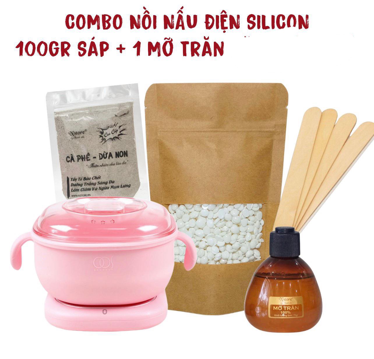 Combo Nồi nấu sáp wax nóng silicon kèm mỡ trăn và 100gr sáp cao cấp