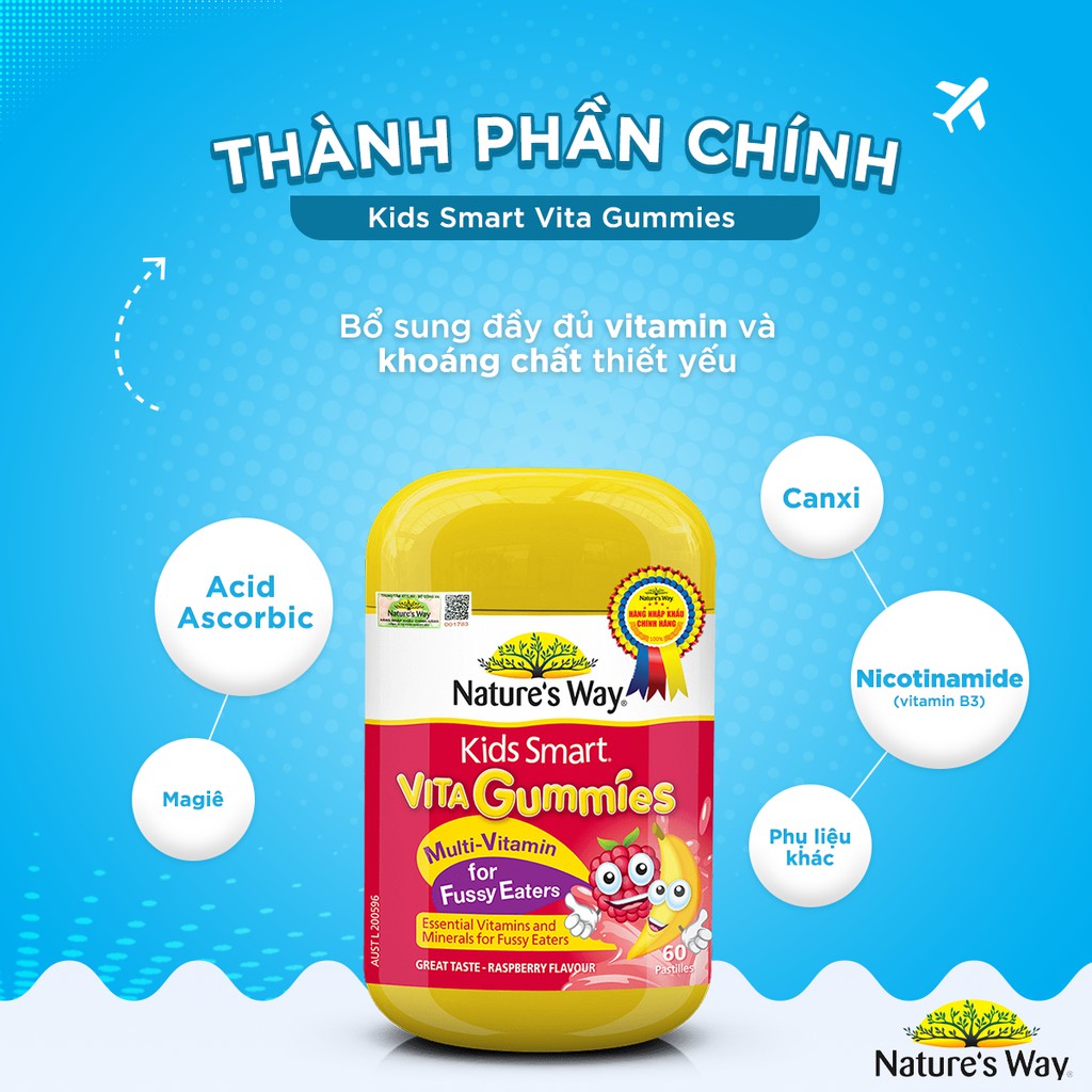 Kẹo Dẻo Cho Bé Nature's Way Kids Smart Vita Gummies Multi Vitamin for Fussy Eaters Kích Thích Ăn Ngon 60 Viên