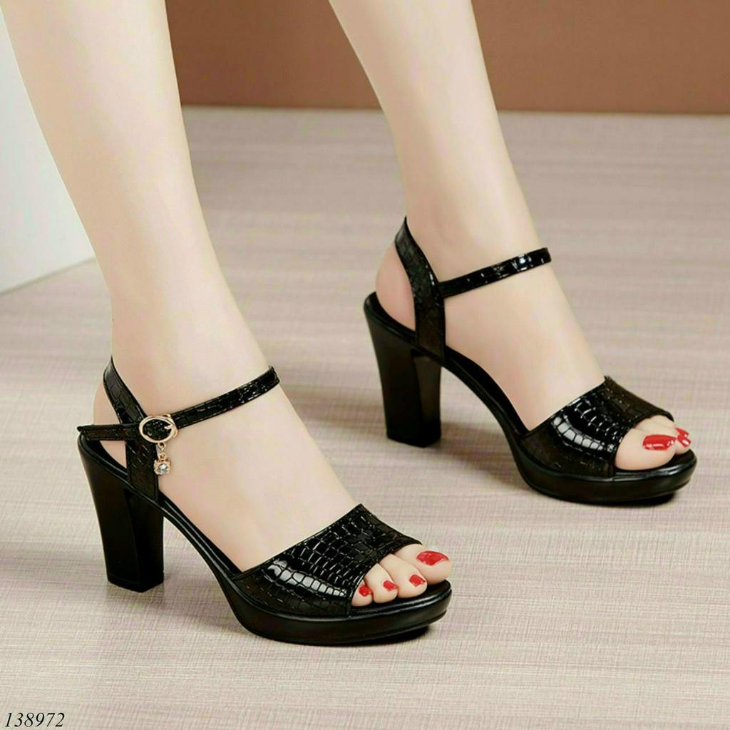 Giày sandal đế xuồng nữ 7cm,giày xăng-đan da cao gót quai ngang 7 phân đen nhiều màu siêu nhẹ