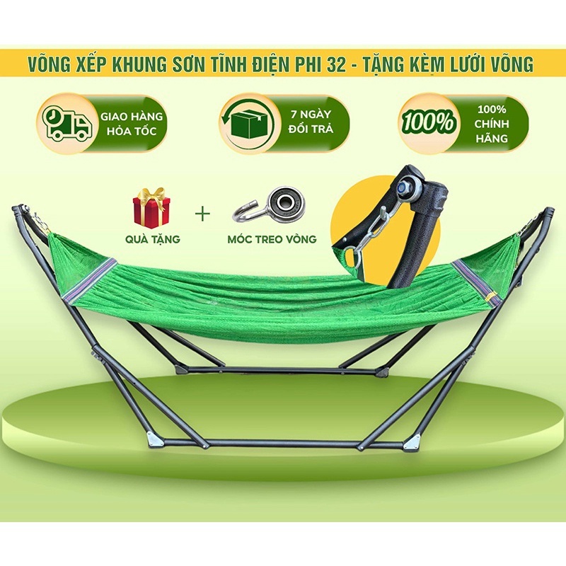 Bộ võng xếp HOÀNG NHÂN: sơn tĩnh điện và lưới thép (Giao màu ngẫu nhiên)