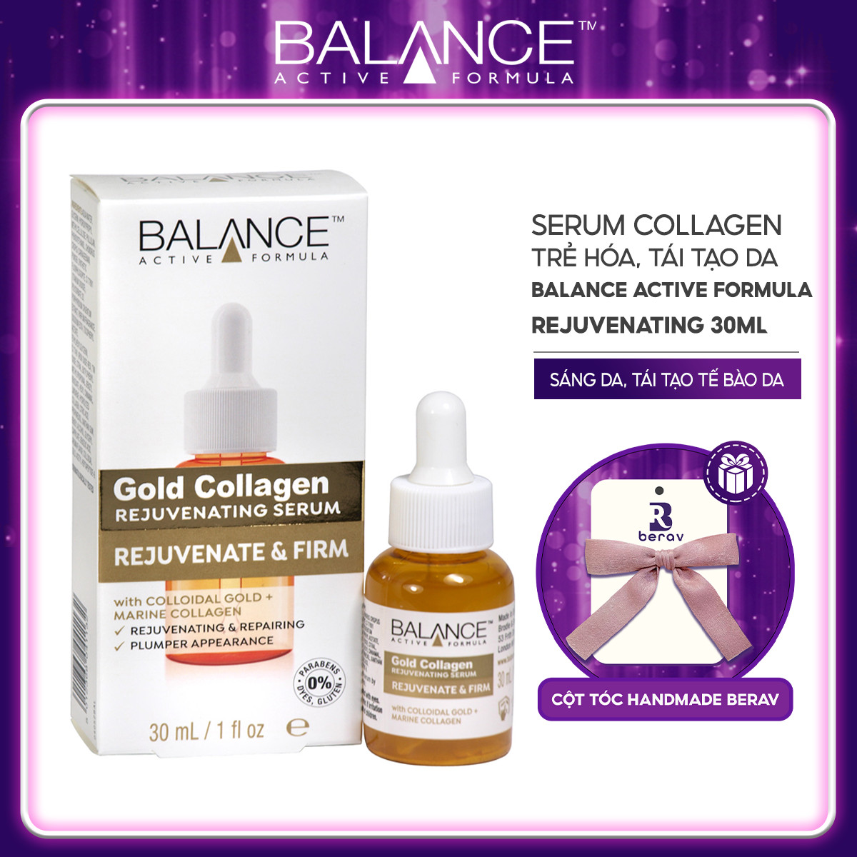 Serum Trẻ Hóa, Tái Tạo Da Balance Active Formula Gold Collagen Rejuvenating 30ml - Tặng Kèm Cột Tóc Nơ BERAV Handmade Annie Ribbon Giao Màu Ngẫu Nhiên