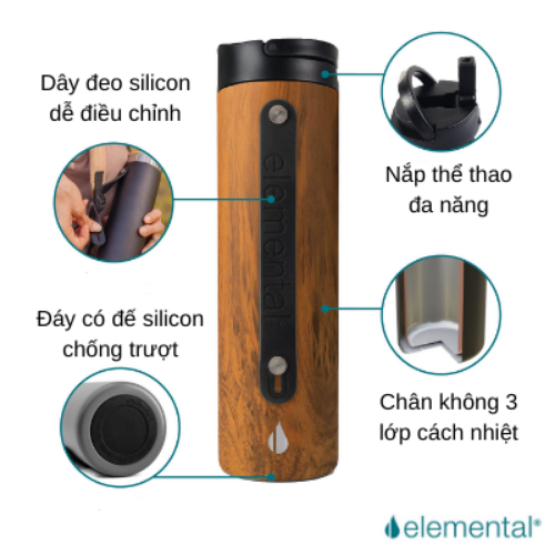 BÌNH GIỮ NHIỆT ELEMENTAL SPORT MÀU VÂN GỖ , BÌNH NHẬP KHẨU MỸ, ĐẠT CHUẨN FDA HOA KỲ, THÉP 304 KHÔNG GỈ, GIỮ NÓNG LẠNH