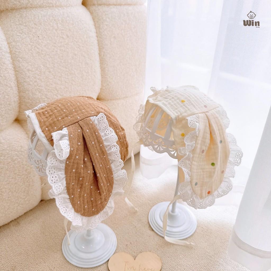 Mũ Nón Tai Thỏ Cột Dây Chất Xô Muslin Mềm, Thoáng, Siêu Cute Cho Bé Gái 1-12 Tháng