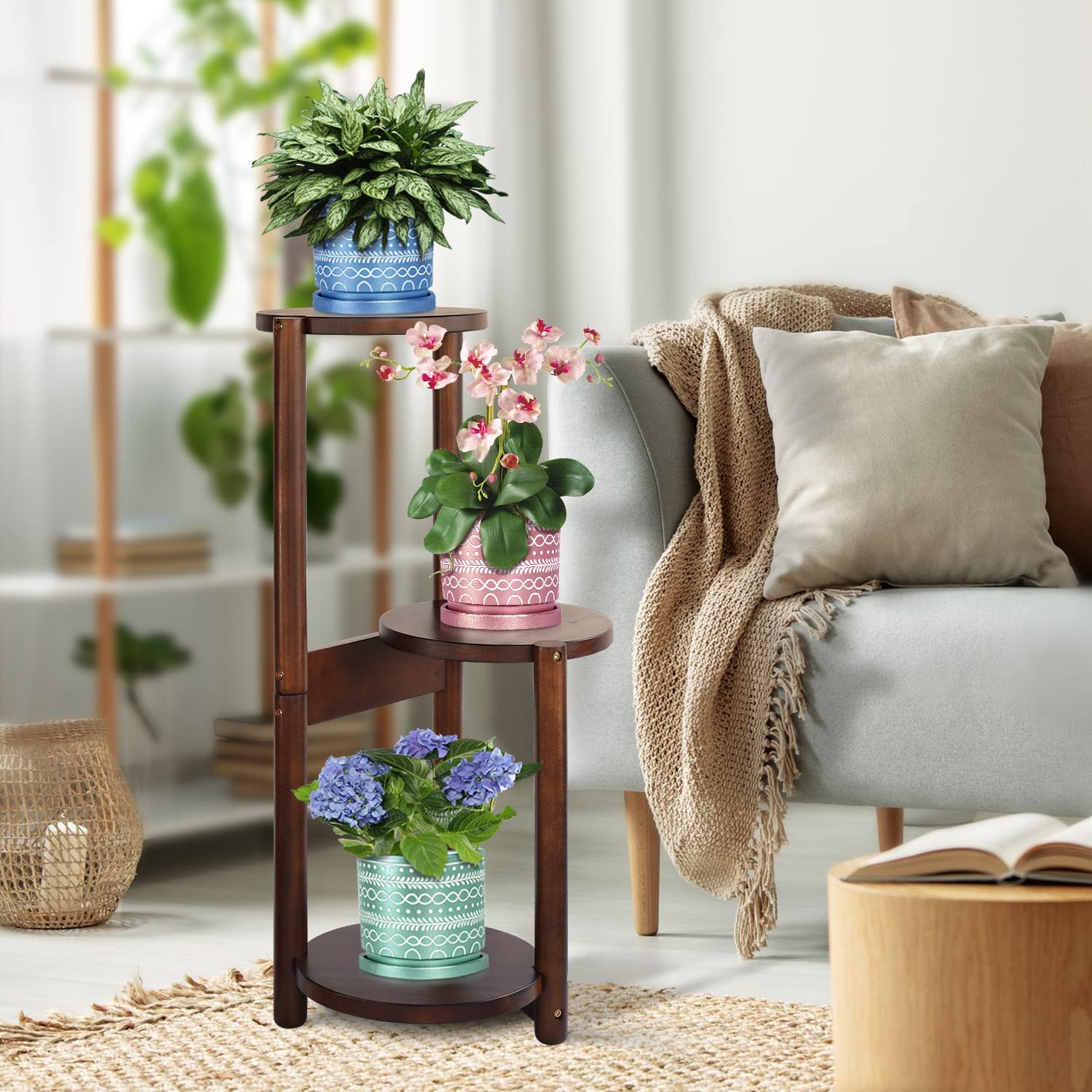KỆ TRANG TRÍ, KỆ ĐỂ CHẬU HOA 3 TẦNG BẰNG GỖ CAO SU.
