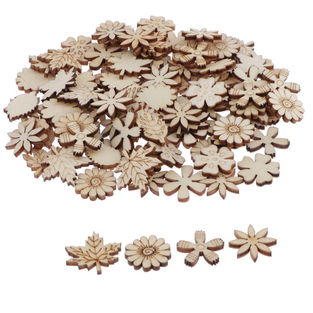 100Pcs Flower and Leaf Shapes Blank Wood Heart Embellishments Wood Birds Slices for Wedding, Valentine, DIY, Arts, Crafts, Card Making