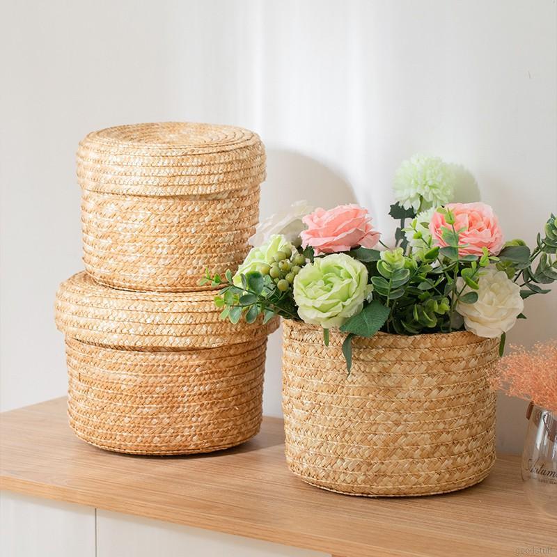 Giỏ Đan Rơm Thủ Công Có Nắp Đậy Đựng Đồ Ăn Vặt Để Bàn Tiện Lợi