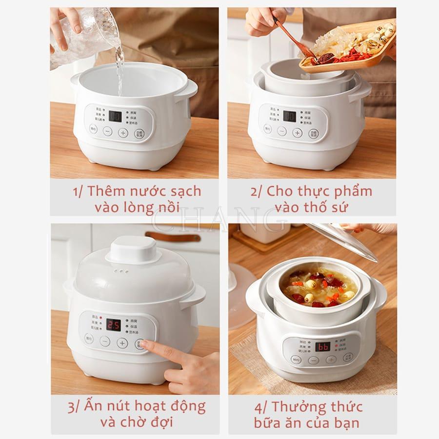 Nồi Nấu Cháo Chậm - Nồi Hầm Cách Thủy Dung Tích 1L, Lòng Nồi Bằng Sứ Giữ Nhiệt Tốt Hơn