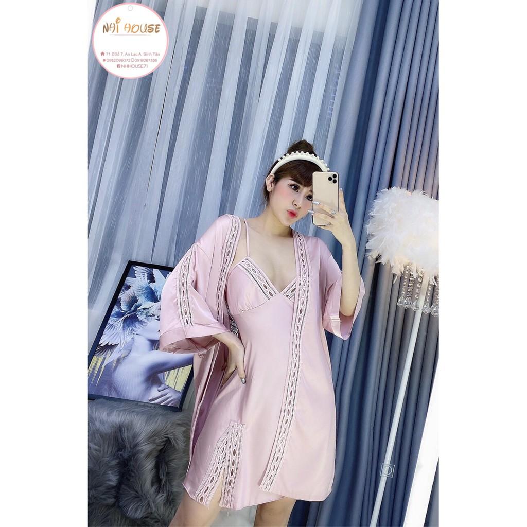 BỘ KIỂU ĐẦM NGỦ KHOÁC ÁO NHIHOUSE71 ĐẦM 2 DÂY ÁO KHOÁC DÀI TAY PHỐI REN KIỂU QUÝ PHÁI FREESIZE DƯỚI 55KG
