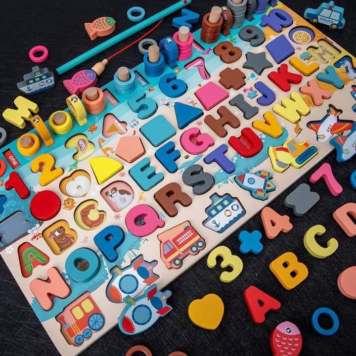 Đồ chơi bảng chữ số xếp hình gỗ trí tuệ thông minh 6 trong 1 dành cho bé học chữ số đếm kèm câu cá hình khối