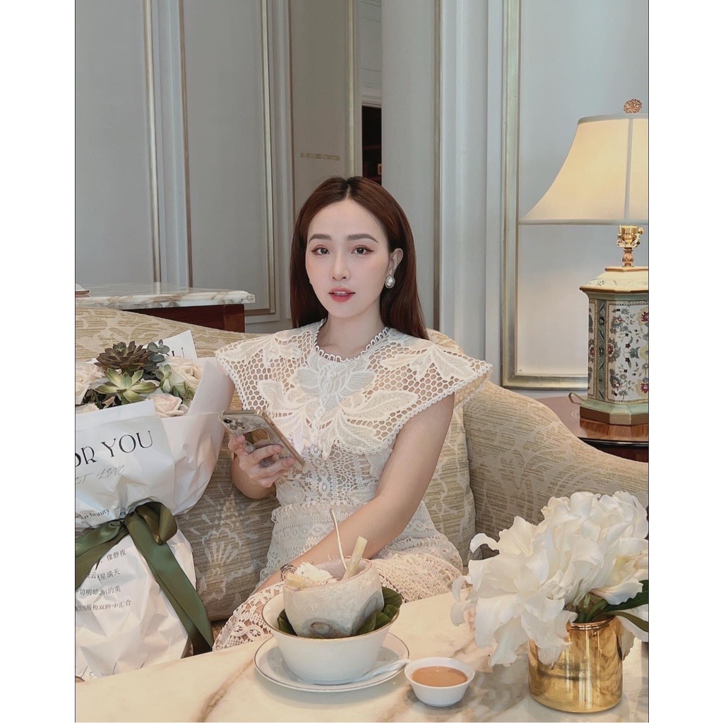 Đầm ren sát nách bèo vai tiểu thư đầm dự tiệc nữ sang trọng