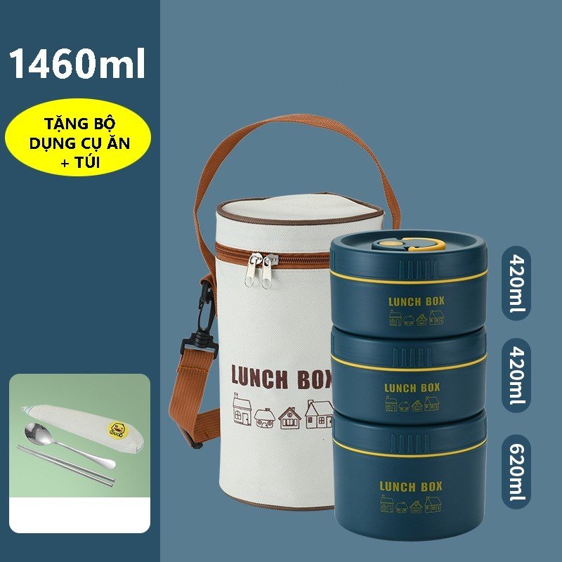 Hộp Đựng Cơm Giữ Nhiệt Lunch Box INOX 304 - Tặng kèm Túi + Bộ dụng cụ ăn