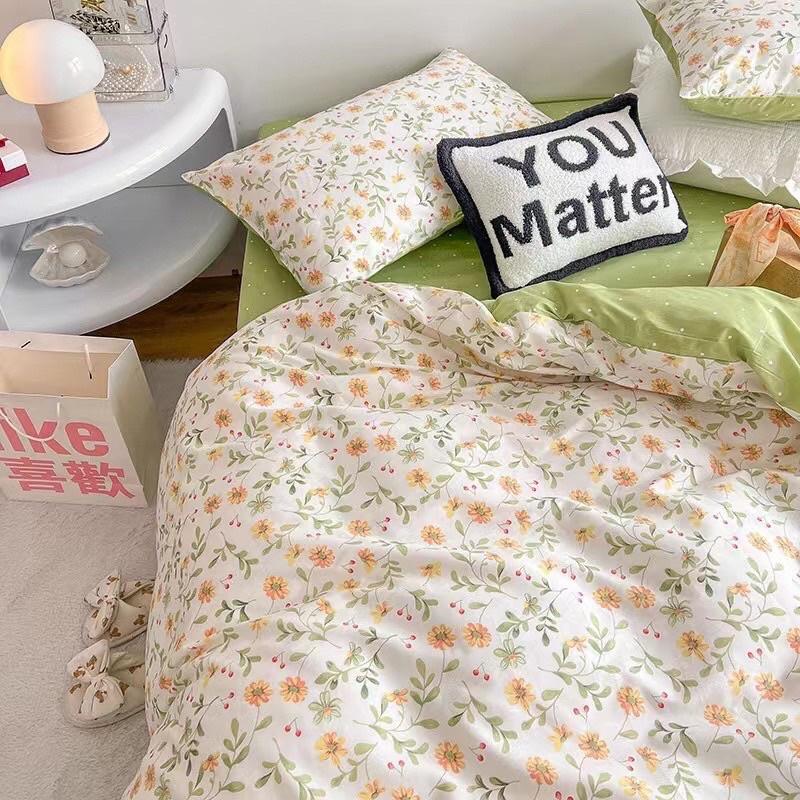 Bộ Chăn Ga Gối Côtton Living 100%cotton Hàng Nhập Khẩu Hoa Nhí Vàng