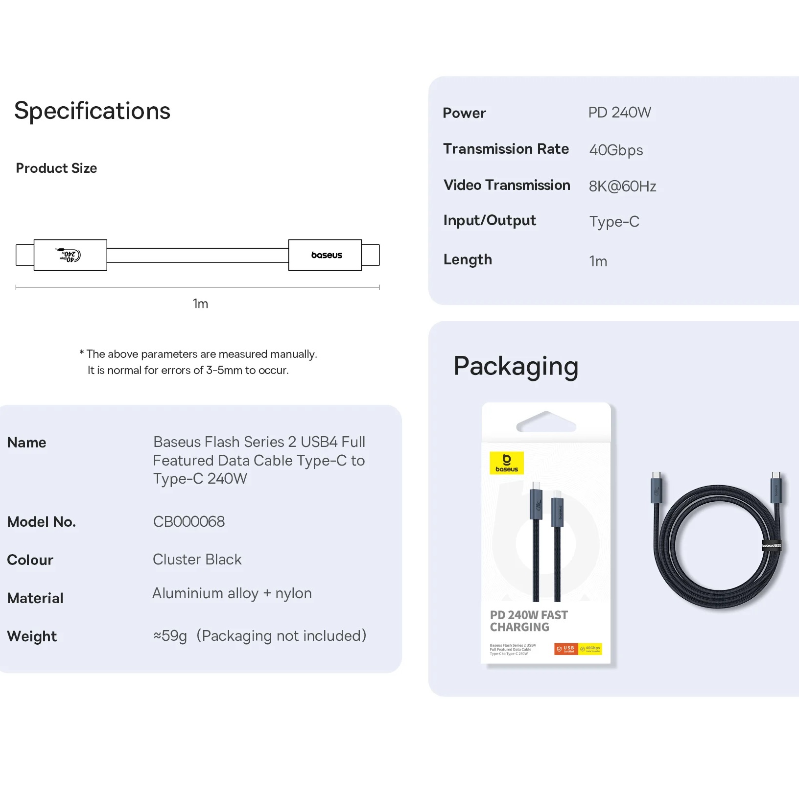 Dây cáp 2 đầu type C USB4.0 PD240W 8K@60Hz Baseus Flash Series 2 CB000068 _ Hàng chính hãng