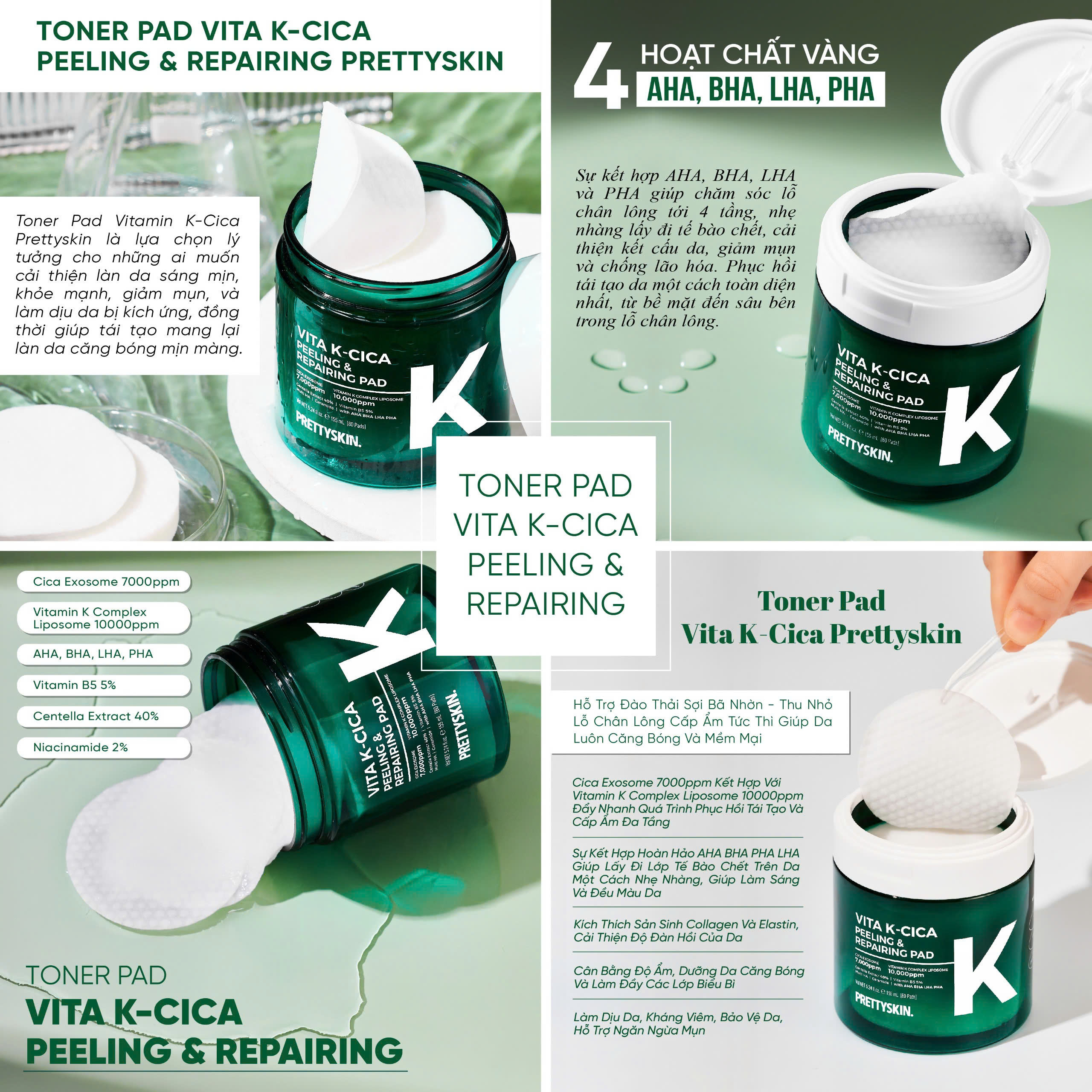Toner Pad Vita K- Cica Peeling &amp; Repairing Pad Prettyskin (80 pad)